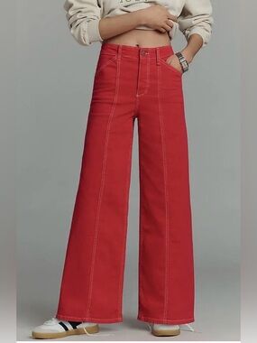 Anthropologie Maeve The Delaney Seamed Wide Leg Red Jeans